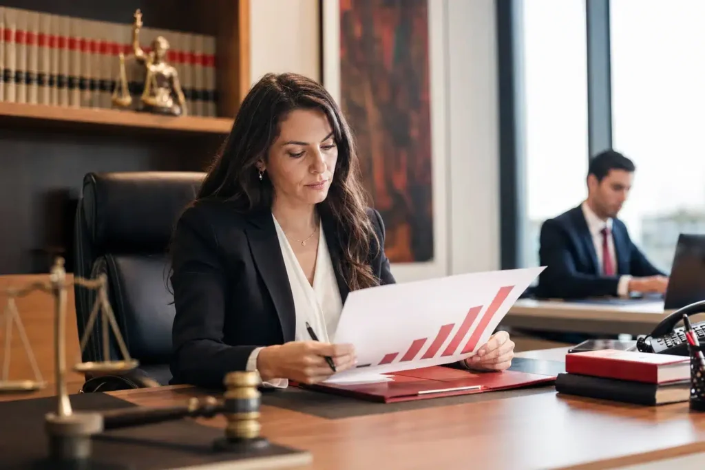 personal injury law firms SEO ROI: a professional reviewing a printed ROI report with r