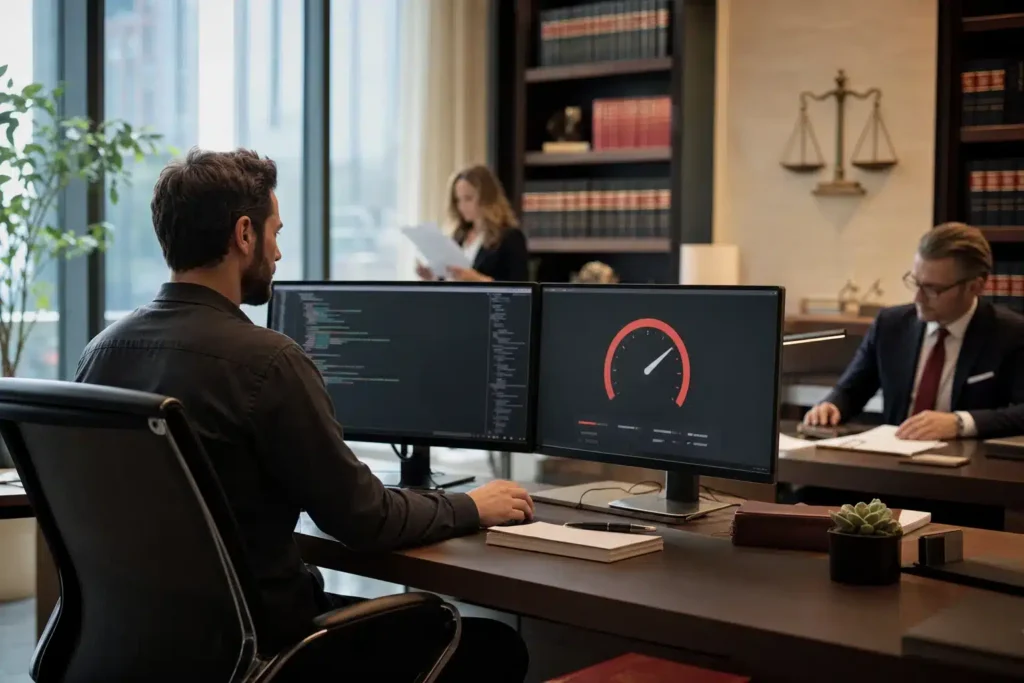 technical SEO for personal injury law firms: a web developer at a workstation with clean code on