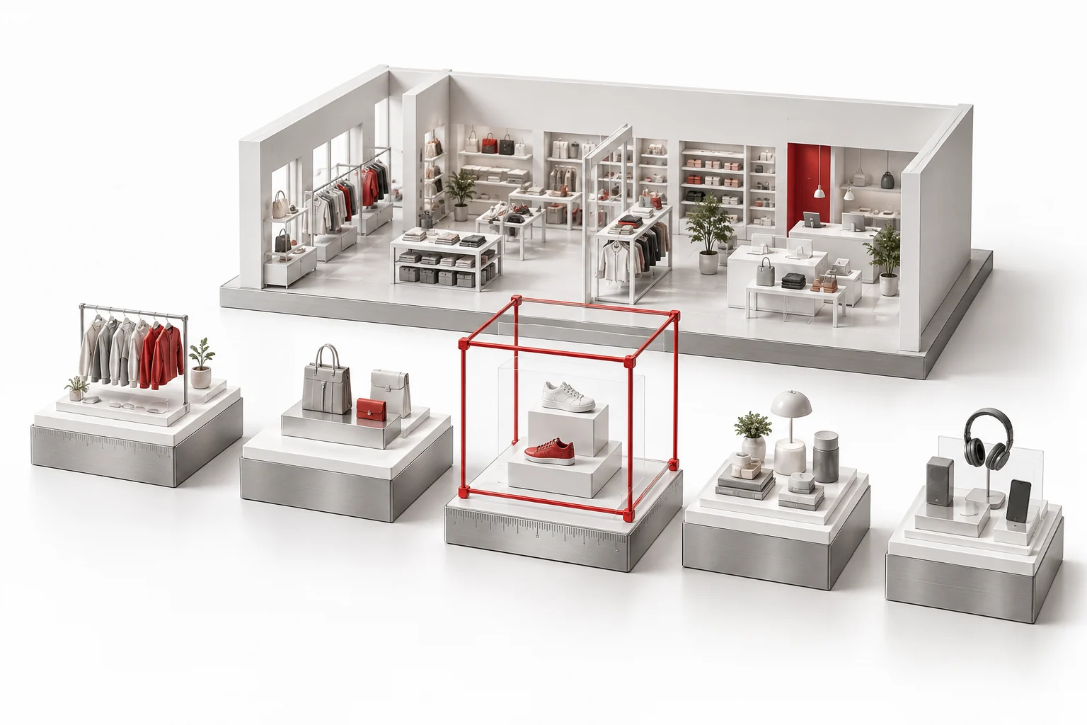 Sample BigCommerce product and category pages on individual audit inspection stands.
