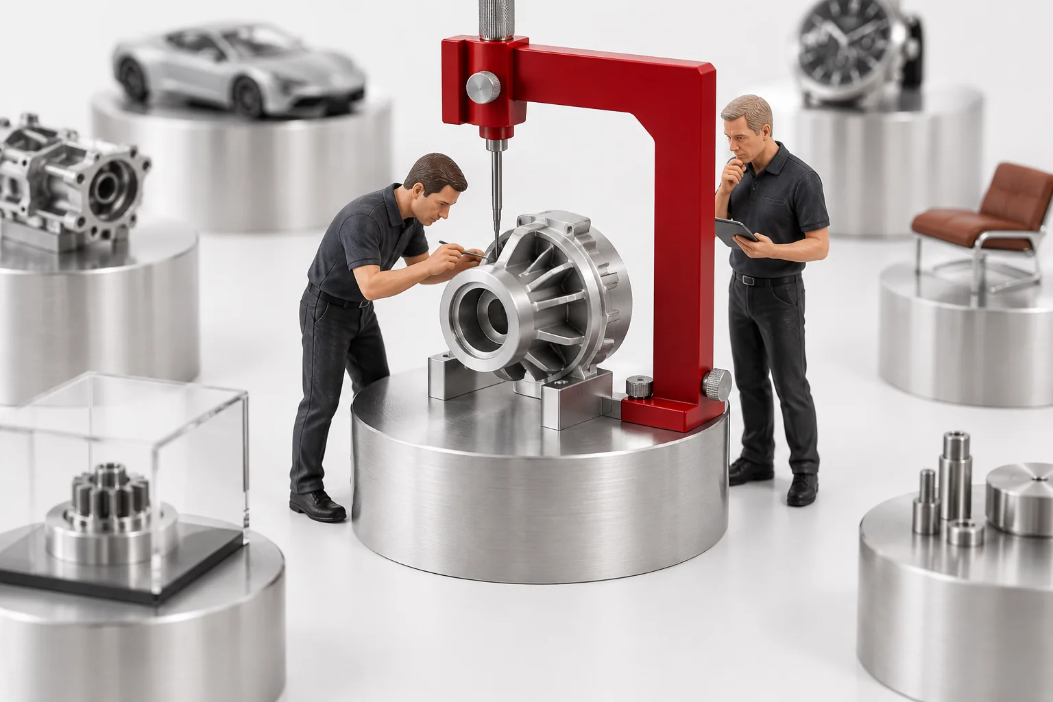 Two engineers inspect a conceptual model of BigCommerce audit sampling at a technical review station.