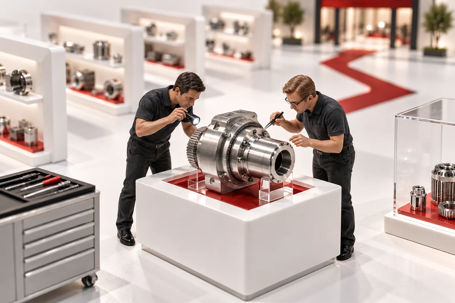 Two engineers inspect a conceptual model of BigCommerce catalog discovery at a technical review station.