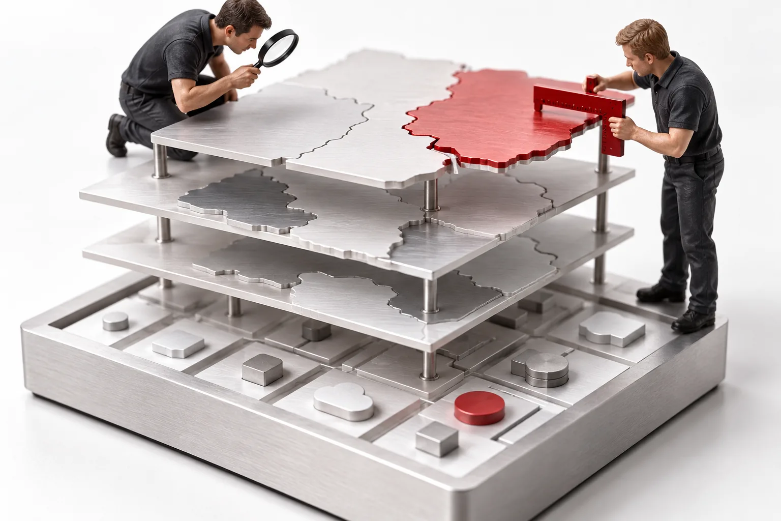 Two engineers inspect a conceptual model of Magento configuration audit at a technical review station.