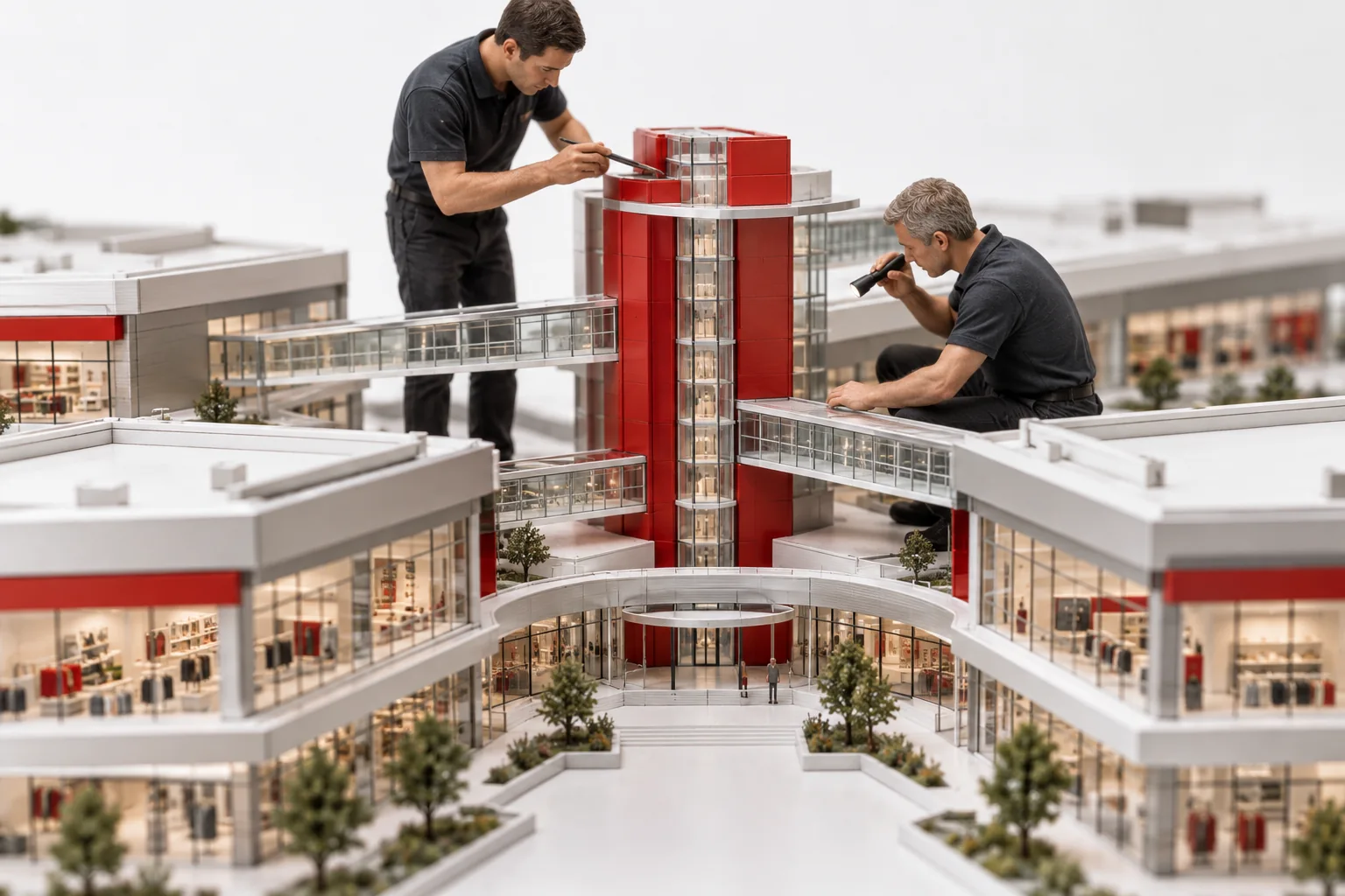 Two engineers inspect a conceptual model of Magento store view architecture at a technical review station.