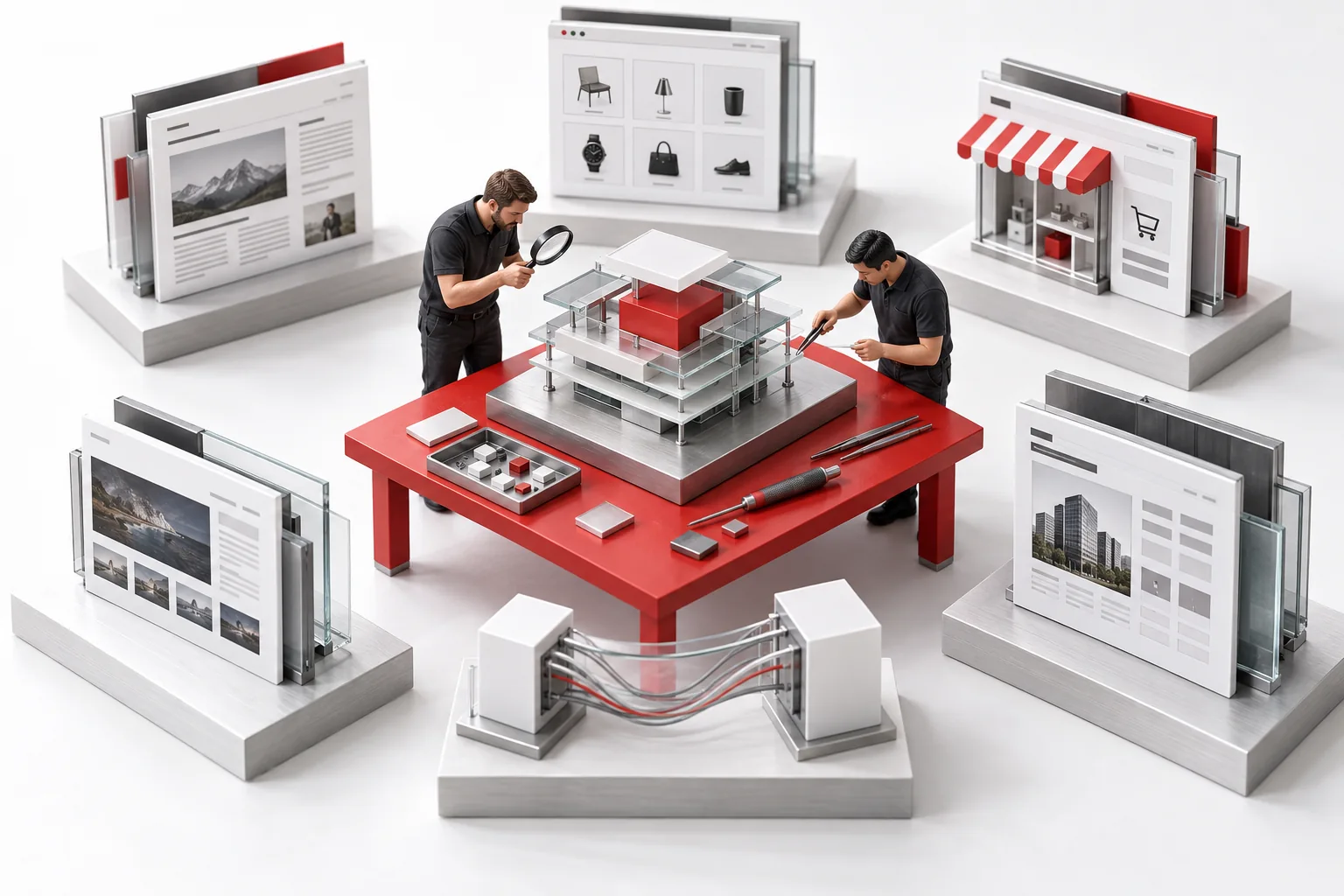 Two engineers inspect a conceptual model of SEO platform architecture at a technical review station.