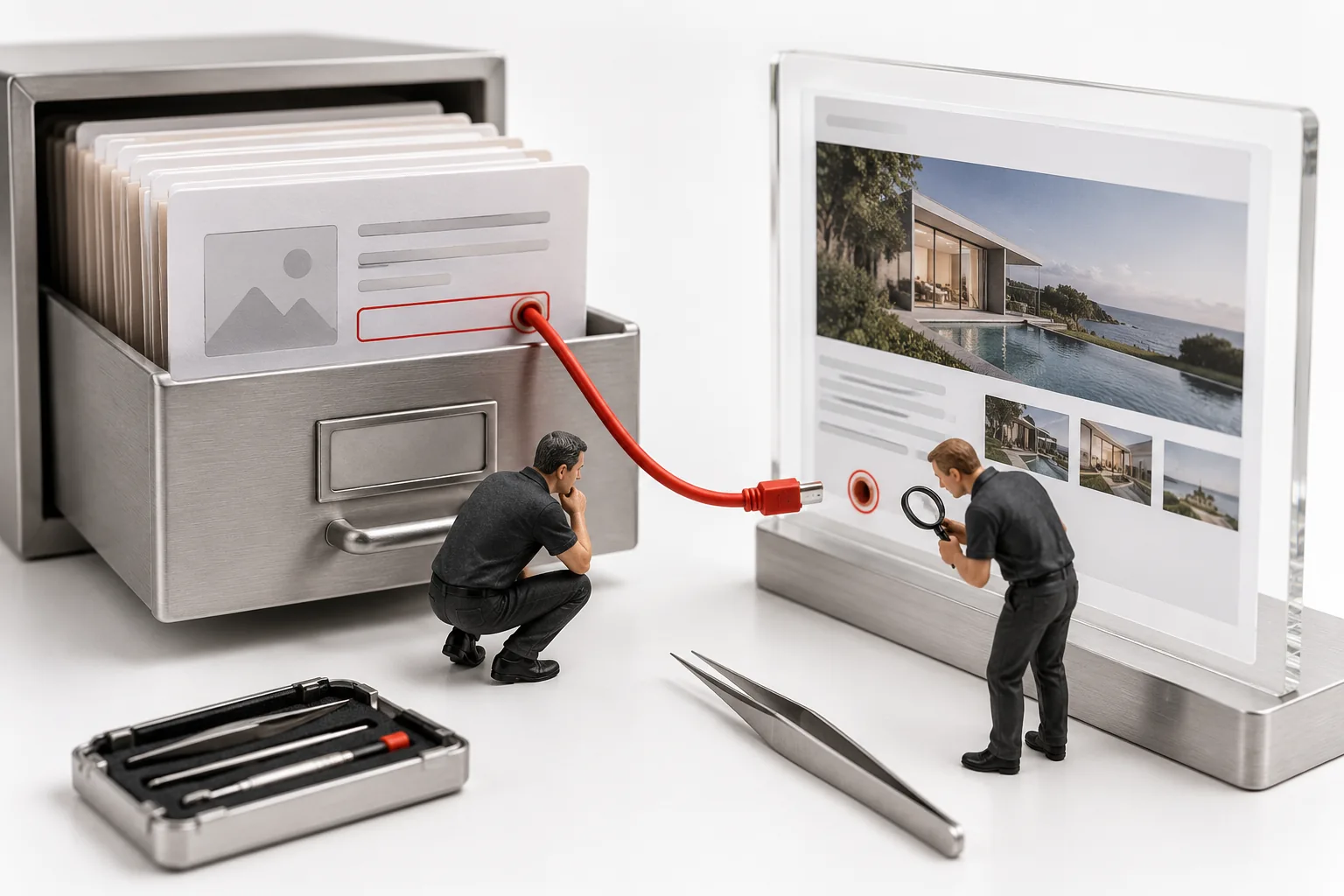 Two engineers inspect a conceptual model of Webflow published page audit at a technical review station.