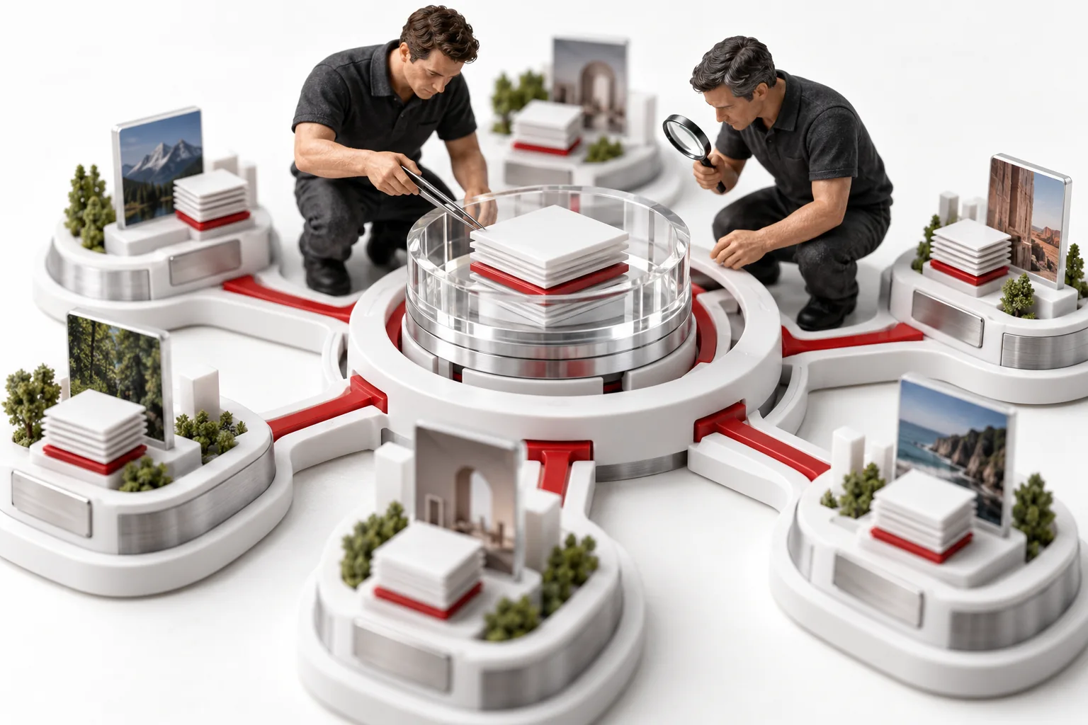Two engineers inspect a conceptual model of WordPress multisite governance at a technical review station.