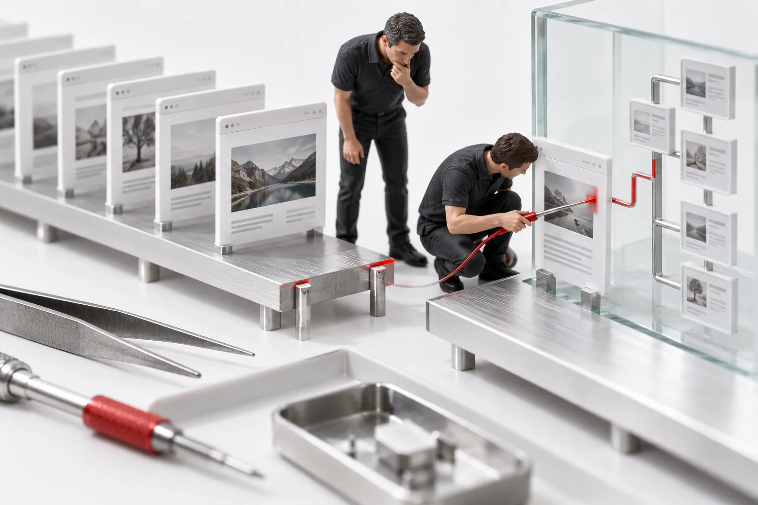Two engineers inspect a conceptual model of WordPress indexing diagnosis at a technical review station.