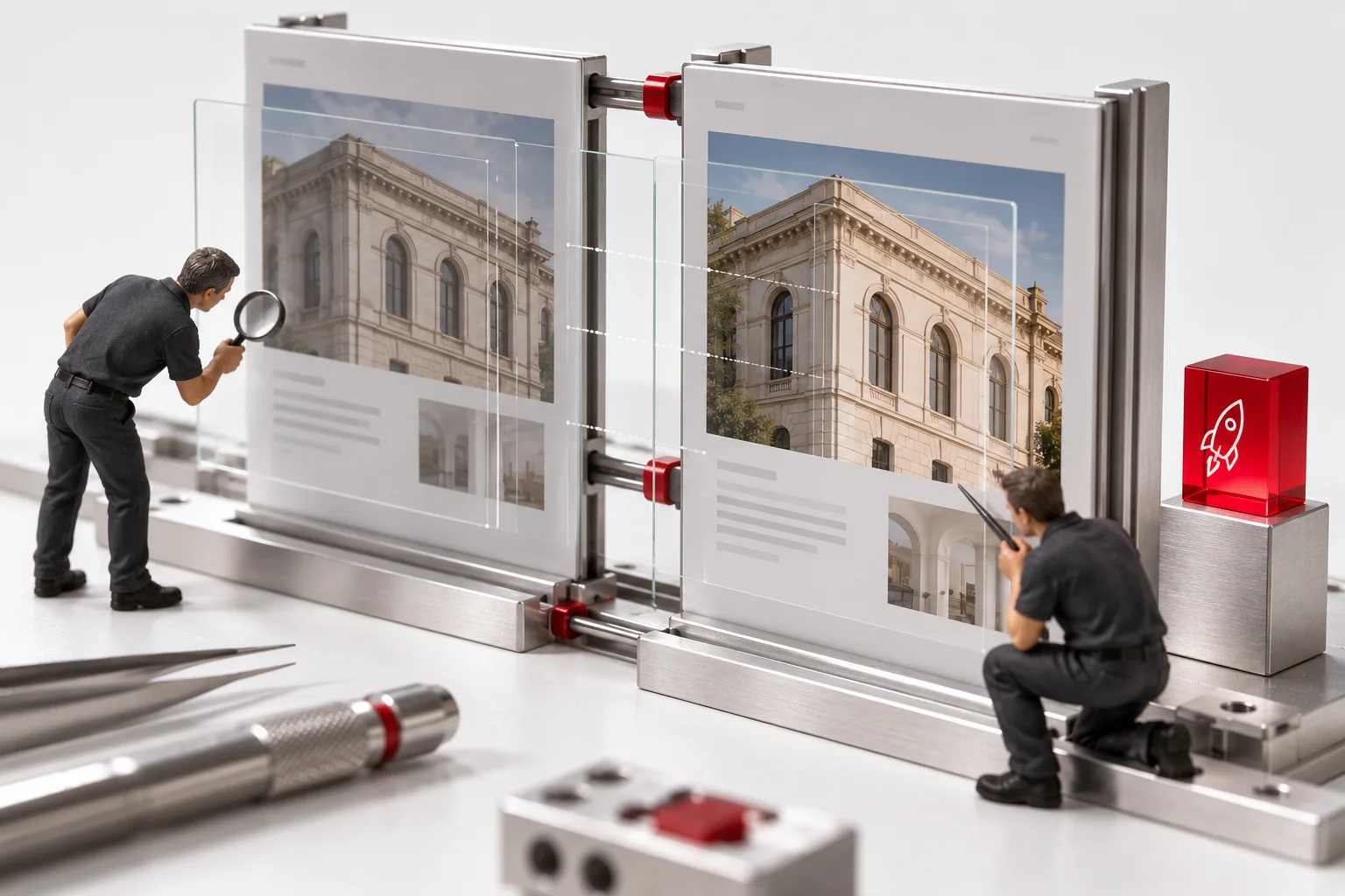 Two engineers inspect a conceptual model of WordPress redesign launch at a technical review station.
