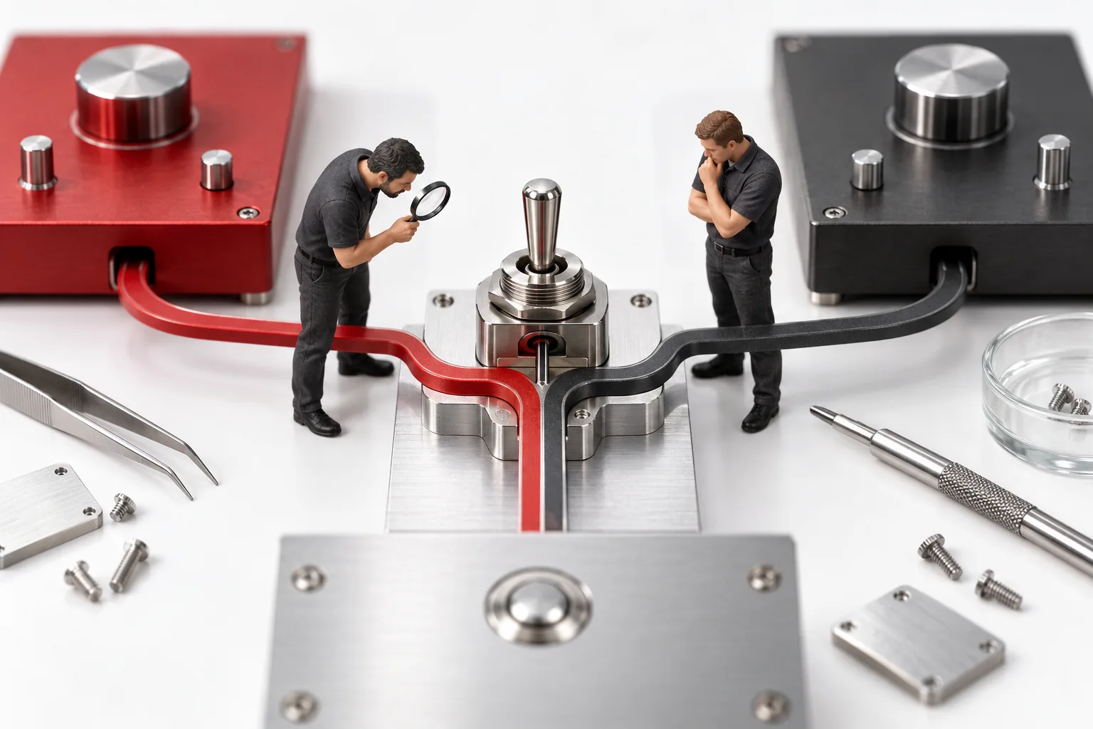 Two engineers inspect a conceptual model of WordPress plugin ownership at a technical review station.
