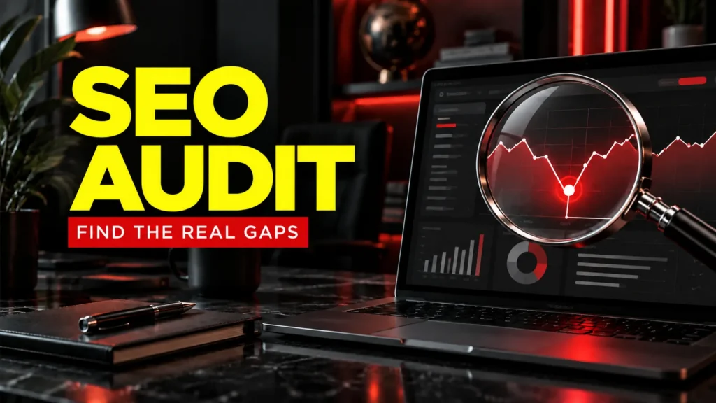 SEO audit headline over a realistic website diagnostic scene with a magnifying glass
