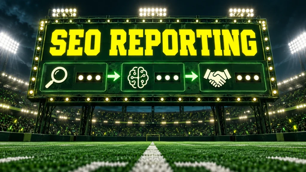 SEO reporting headline on a sports scoreboard connecting search AI and qualified leads