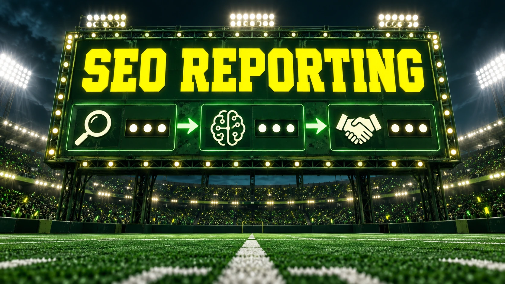 SEO reporting headline on a sports scoreboard connecting search AI and qualified leads
