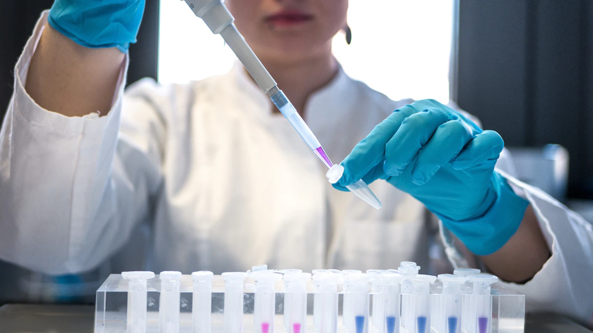 Scientist pipetting samples in a biotechnology laboratory