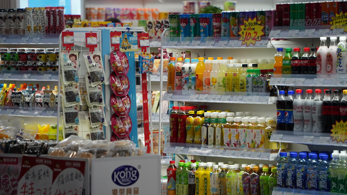 Packaged consumer products displayed on retail shelves