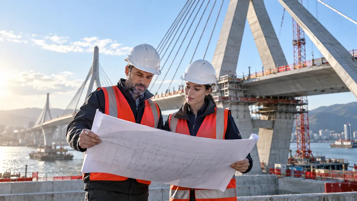 Civil and structural engineers reviewing bridge project plans