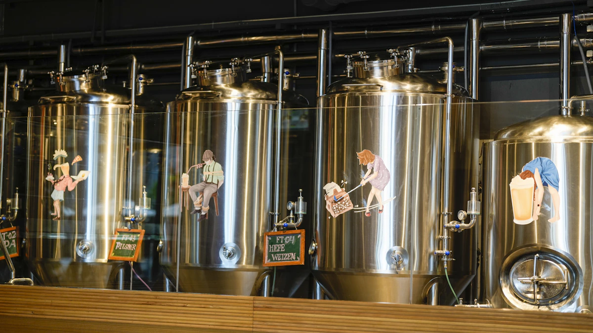 Stainless steel beverage fermentation tanks in a brewery