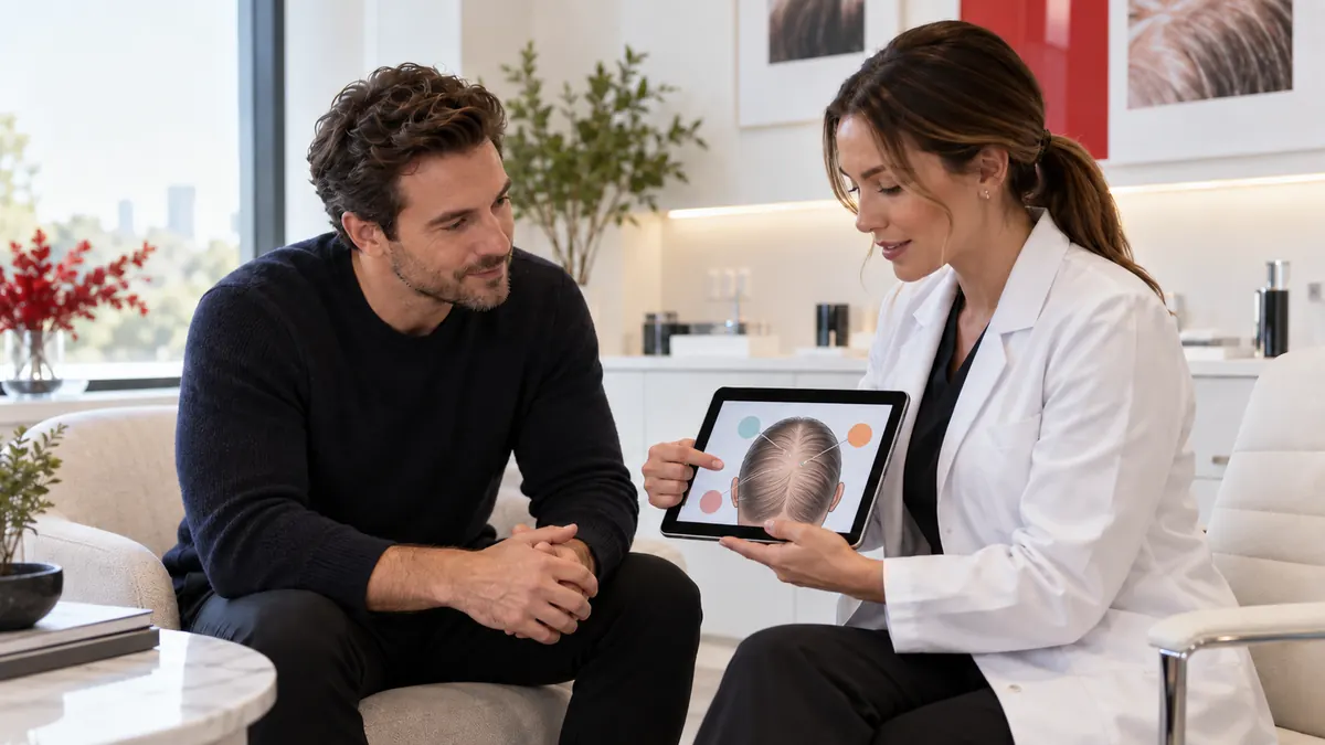 Hair restoration consultation with clinician reviewing a neutral scalp diagram