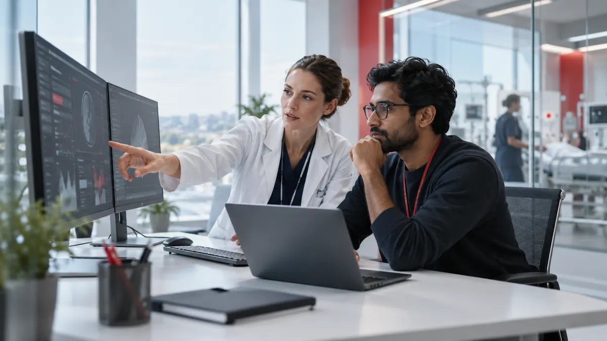 Clinical technology and software specialists reviewing a healthtech workflow