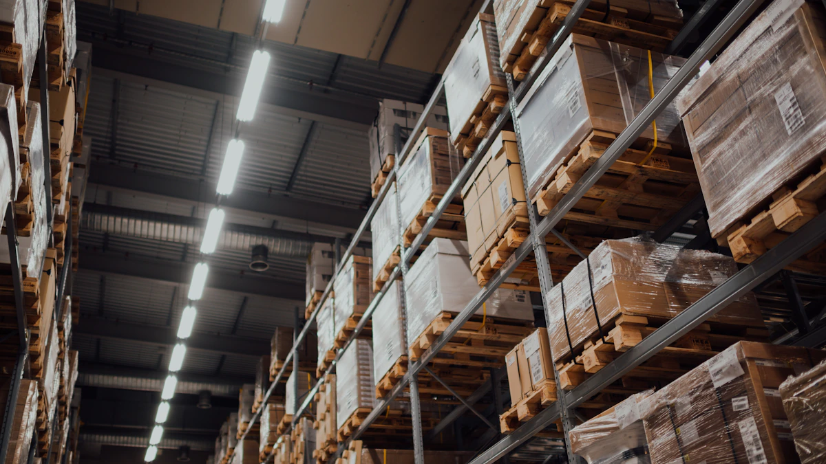 Warehouse shelving stocked with ecommerce parcels