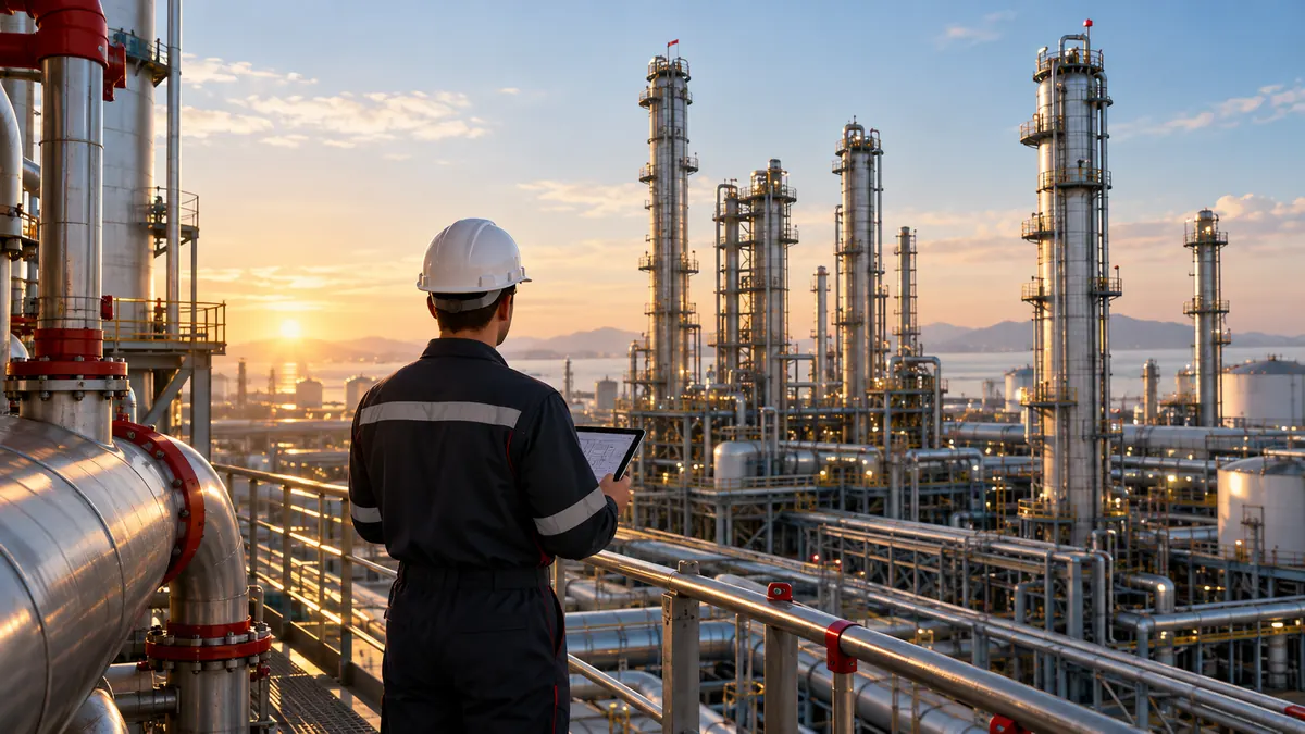 Energy industry engineer reviewing refinery process equipment at sunrise