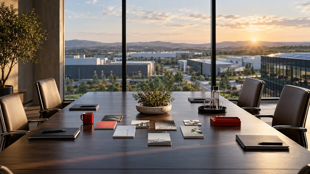 Portfolio growth planning materials in a boardroom overlooking a business campus