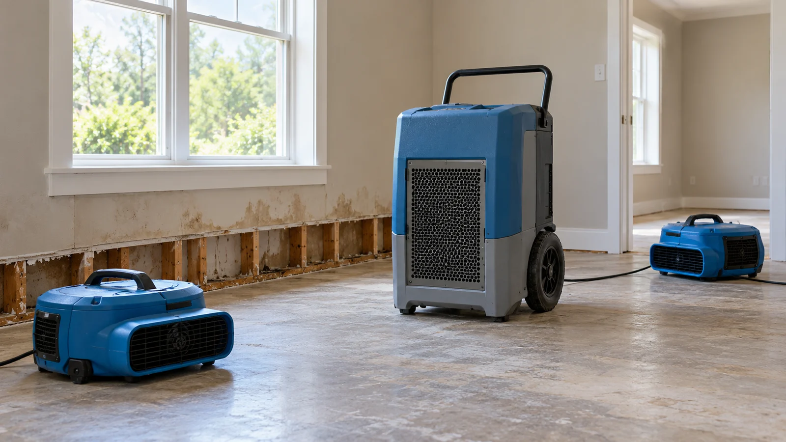 Water restoration interior context Water-restoration equipment in an unoccupied home interior with moisture-damaged lower walls.