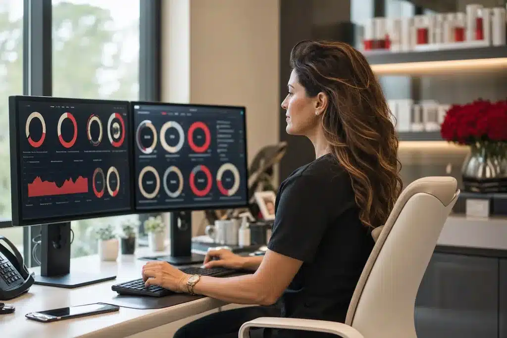 AI visibility audit for body contouring practices: an analyst reviewing a visibility audit dashboard wi