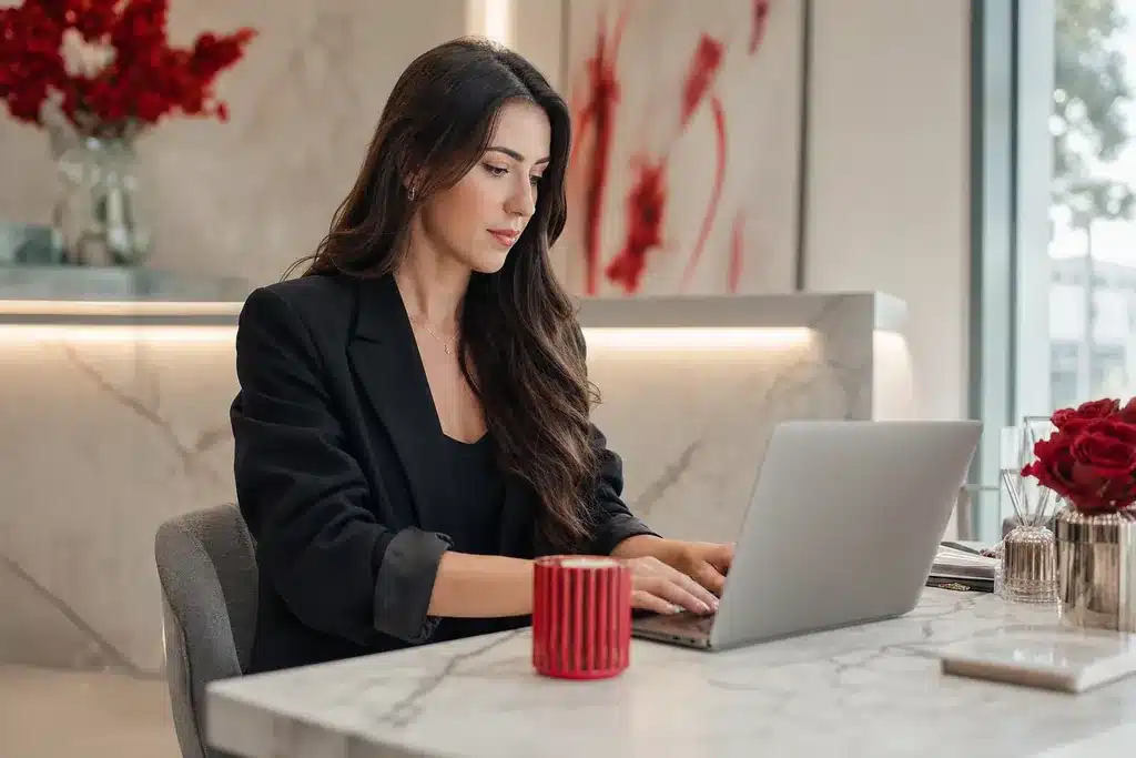 body contouring practices content marketing strategy: a writer working at a laptop in a bright office draf