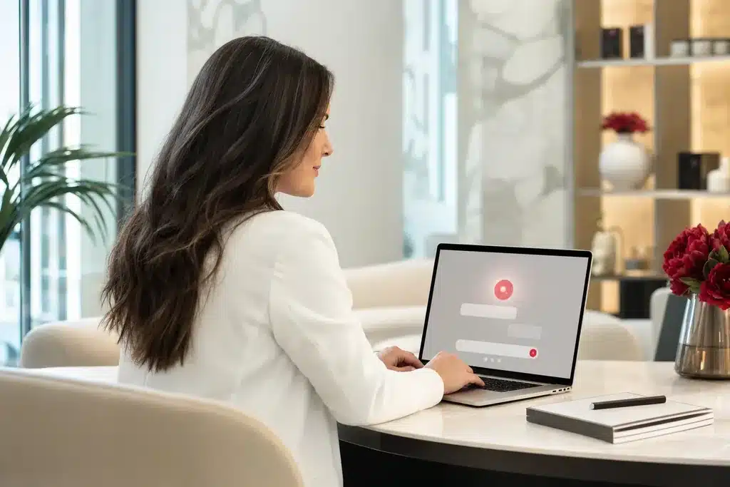 GEO agency for body contouring practices: a professional at a laptop with a clean minimal AI c