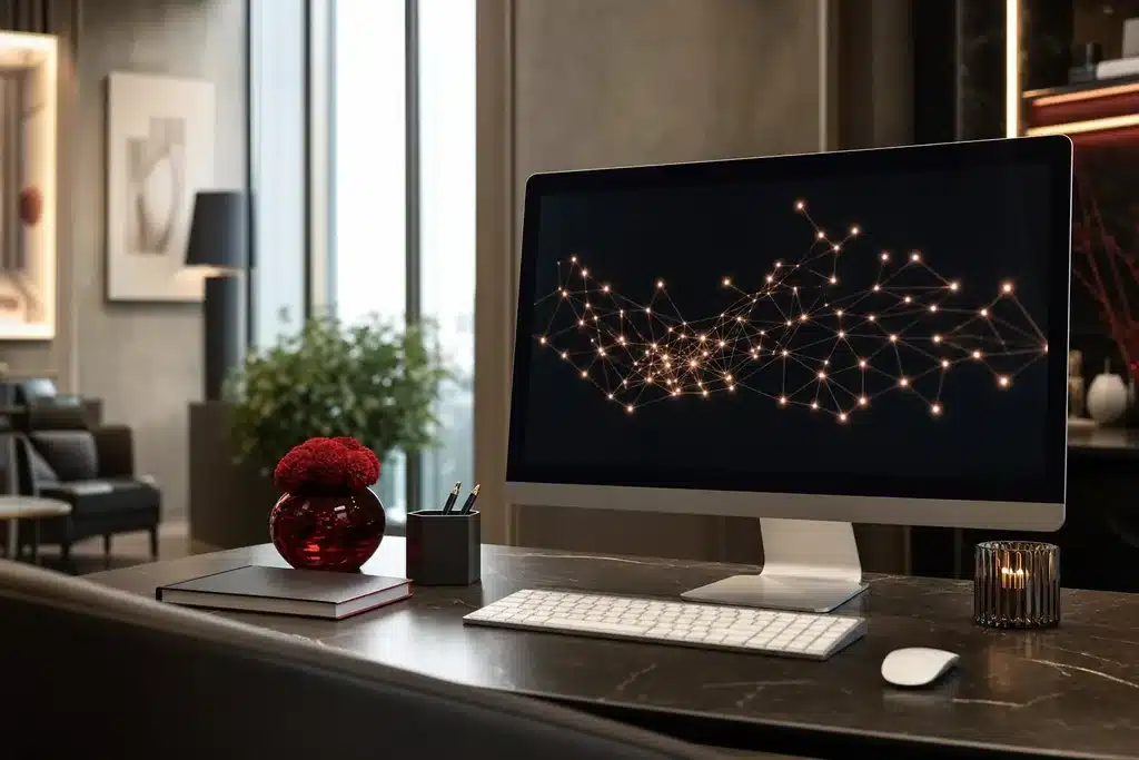 GEO agency for body contouring practices: a photographic network of connected glowing nodes on