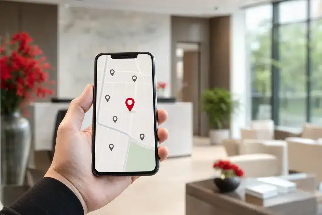 SEO agency for body contouring practices: a hand holding a smartphone showing a stylized local