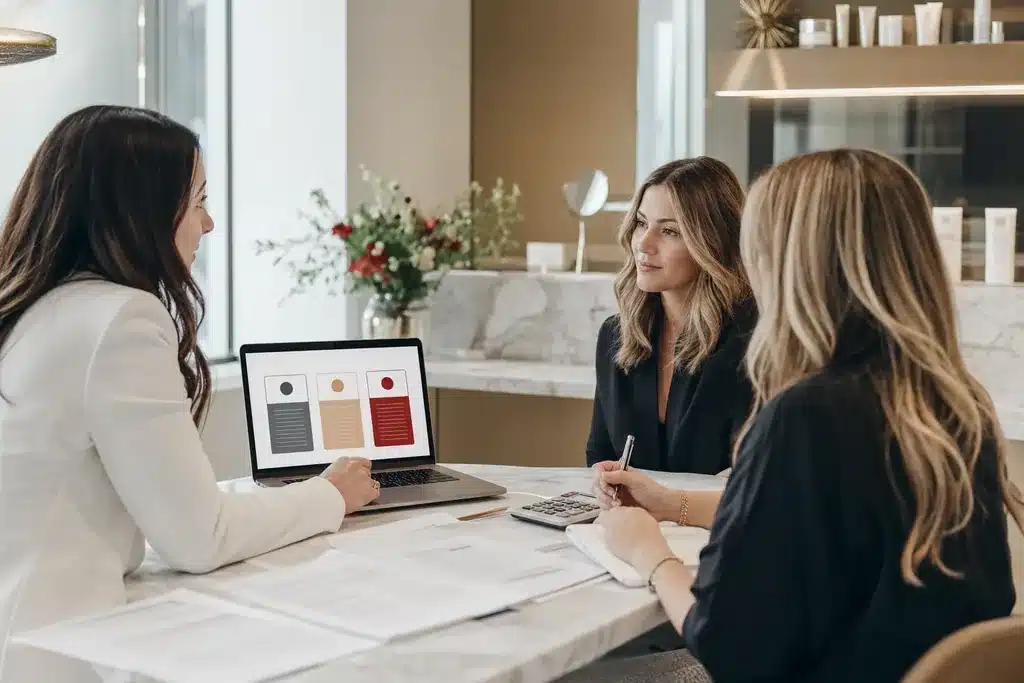 body contouring practices SEO cost: a budget planning meeting with a laptop showing a si