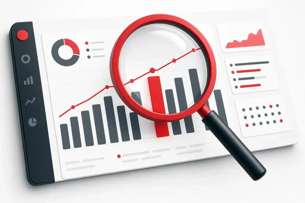 Abstract editorial illustration of a magnifier passing over an analytics dashboard, reading AI visibility signals for a breast augmentation practice