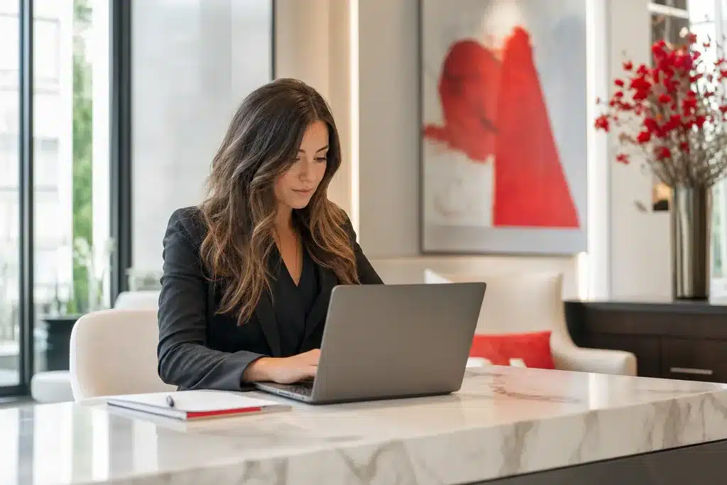 breast augmentation practices content marketing strategy: a writer working at a laptop in a bright office draf
