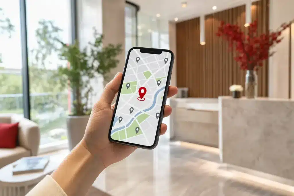 local SEO for breast augmentation practices: a hand holding a smartphone showing a stylized local