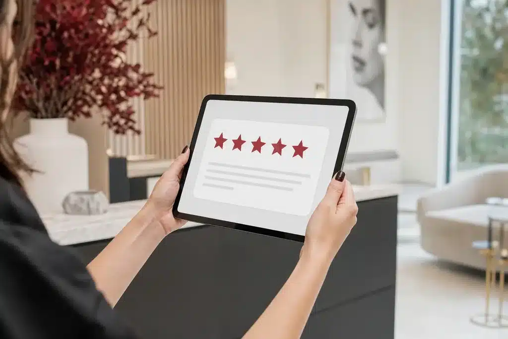 local SEO for breast augmentation practices: a tablet showing five star rating stars and a clean