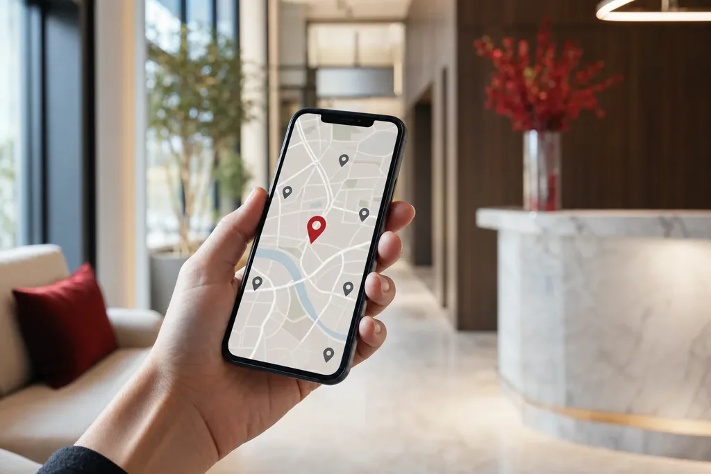 SEO agency for breast augmentation practices: a hand holding a smartphone showing a stylized local