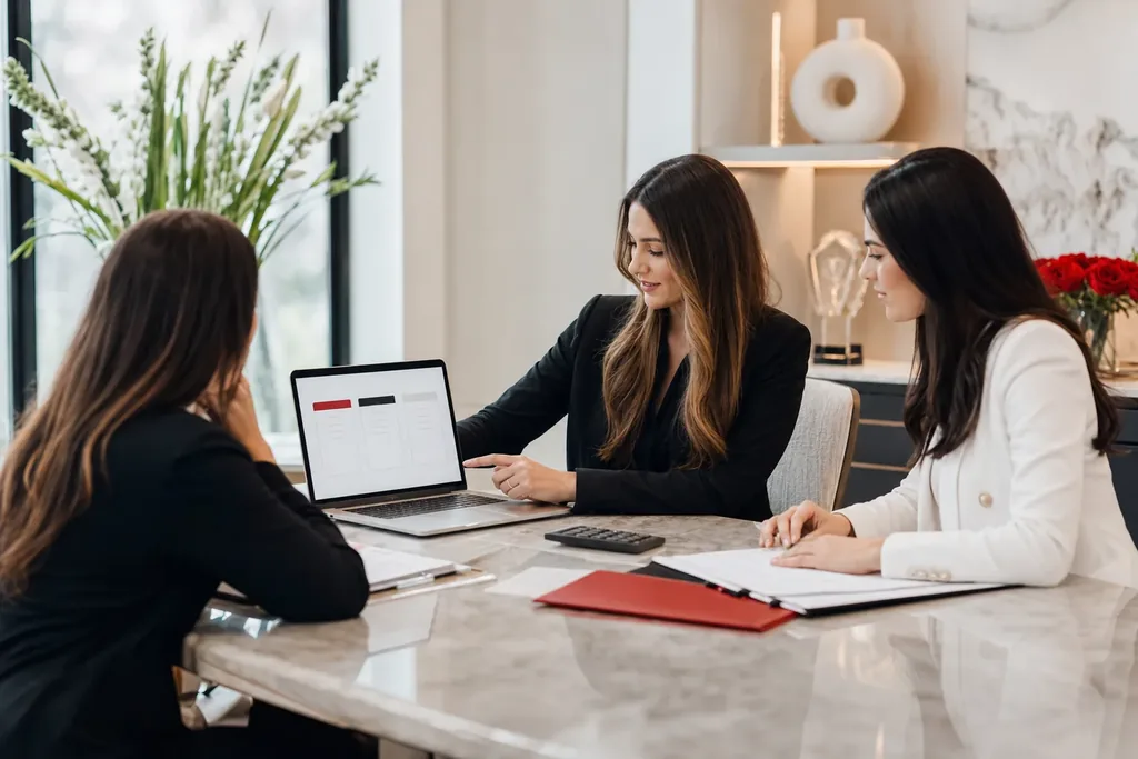 breast augmentation practices SEO cost: a budget planning meeting with a laptop showing a si