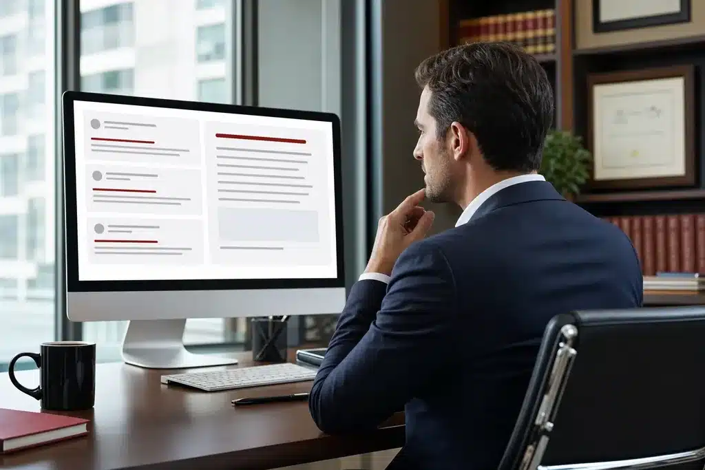 AEO agency for criminal defense law firms: a marketer reviewing clean question and answer resul
