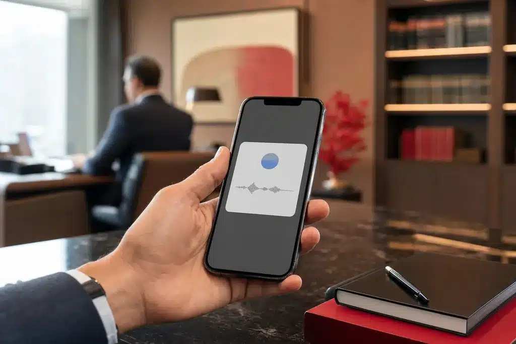 AEO agency for criminal defense law firms: a hand holding a smartphone showing a minimal voice