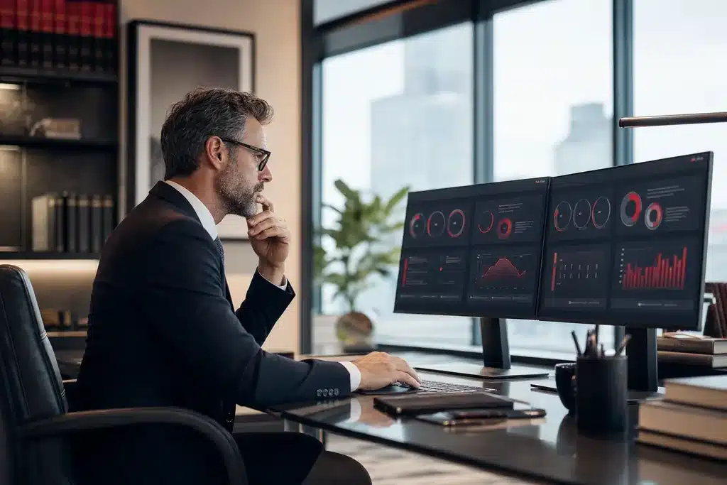 AI visibility audit for criminal defense law firms: an analyst reviewing a visibility audit dashboard wi