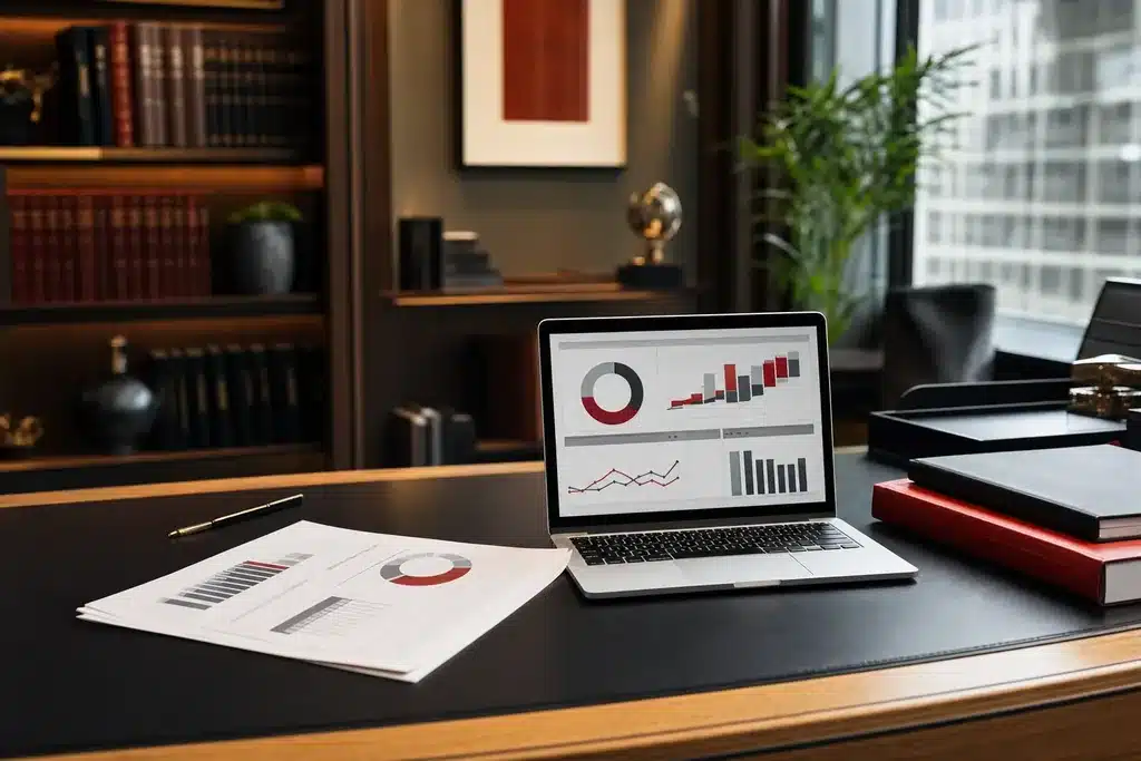 AI visibility audit for criminal defense law firms: a printed analytics report with simple charts on a d