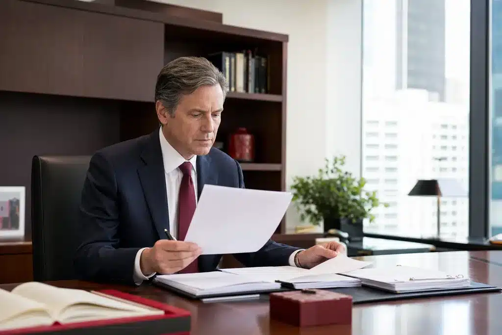 best SEO agency for criminal defense law firms: a decision maker at a desk reviewing agency proposal