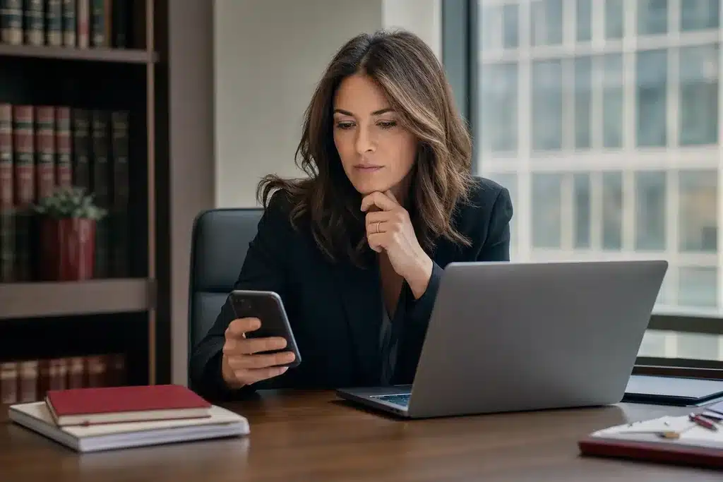 criminal defense law firms marketing agency: a person researching and comparing options on a lapt