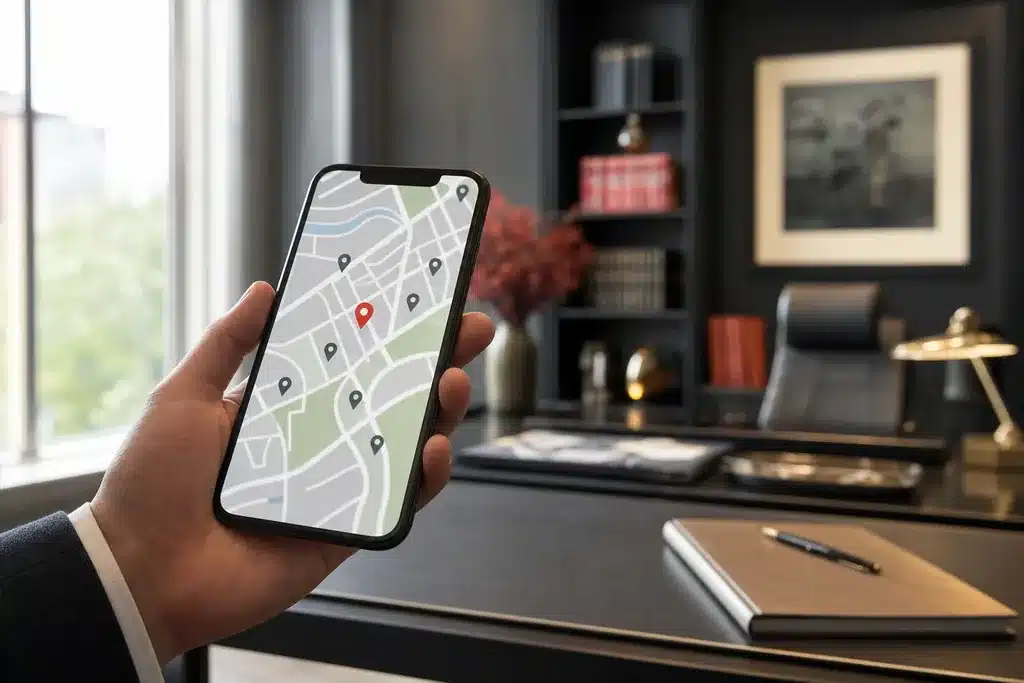 local SEO for criminal defense law firms: a hand holding a smartphone showing a stylized local