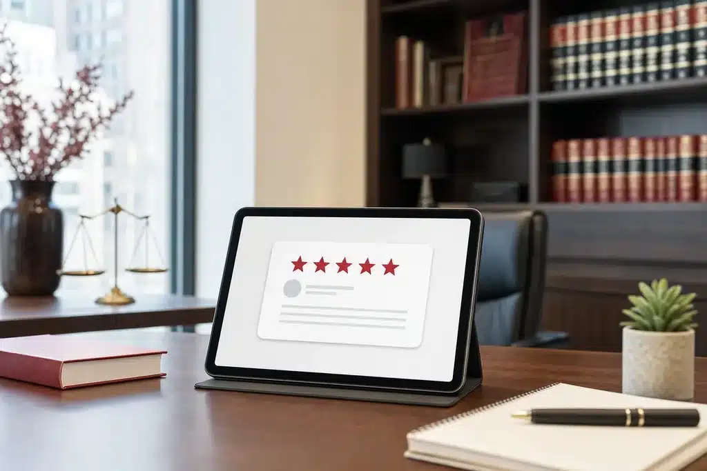 local SEO for criminal defense law firms: a tablet showing five star rating stars and a clean