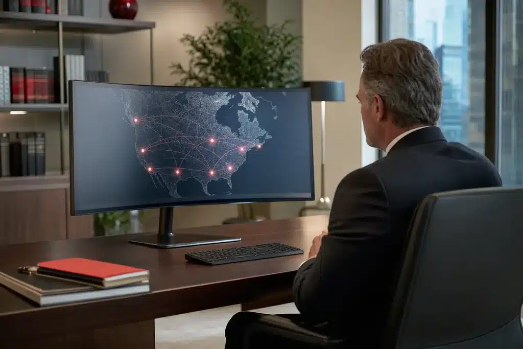 local SEO for criminal defense law firms: a monitor showing a multi location map with several