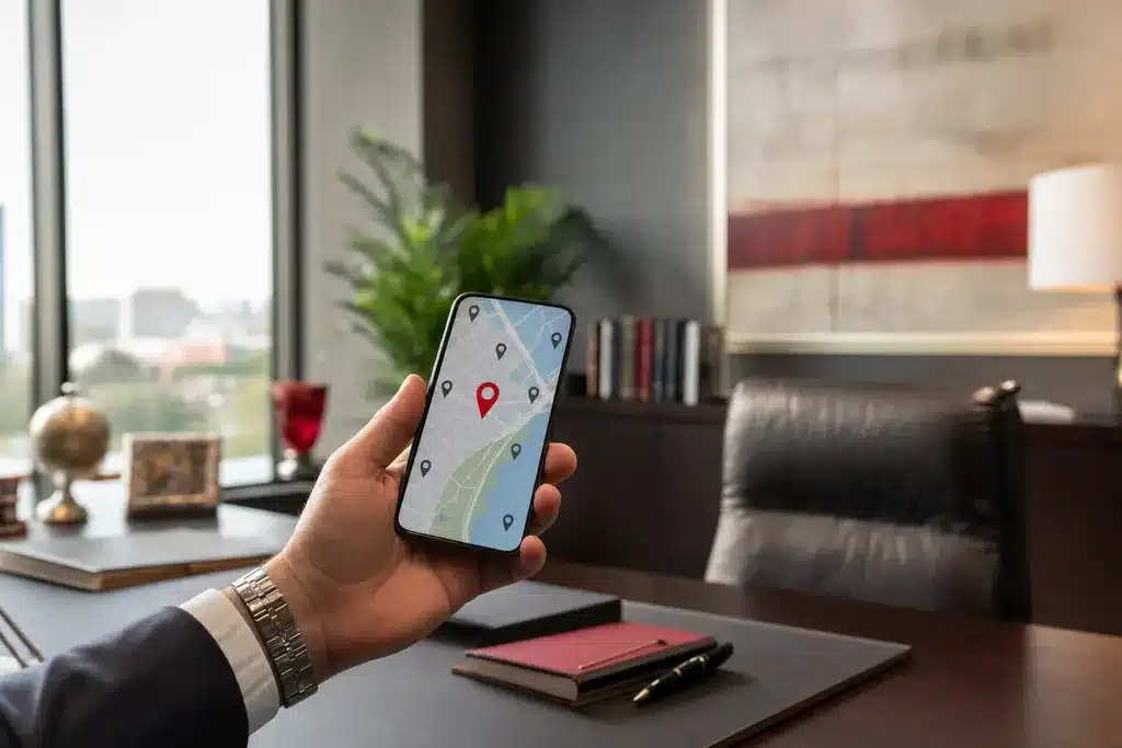 SEO agency for criminal defense law firms: a hand holding a smartphone showing a stylized local
