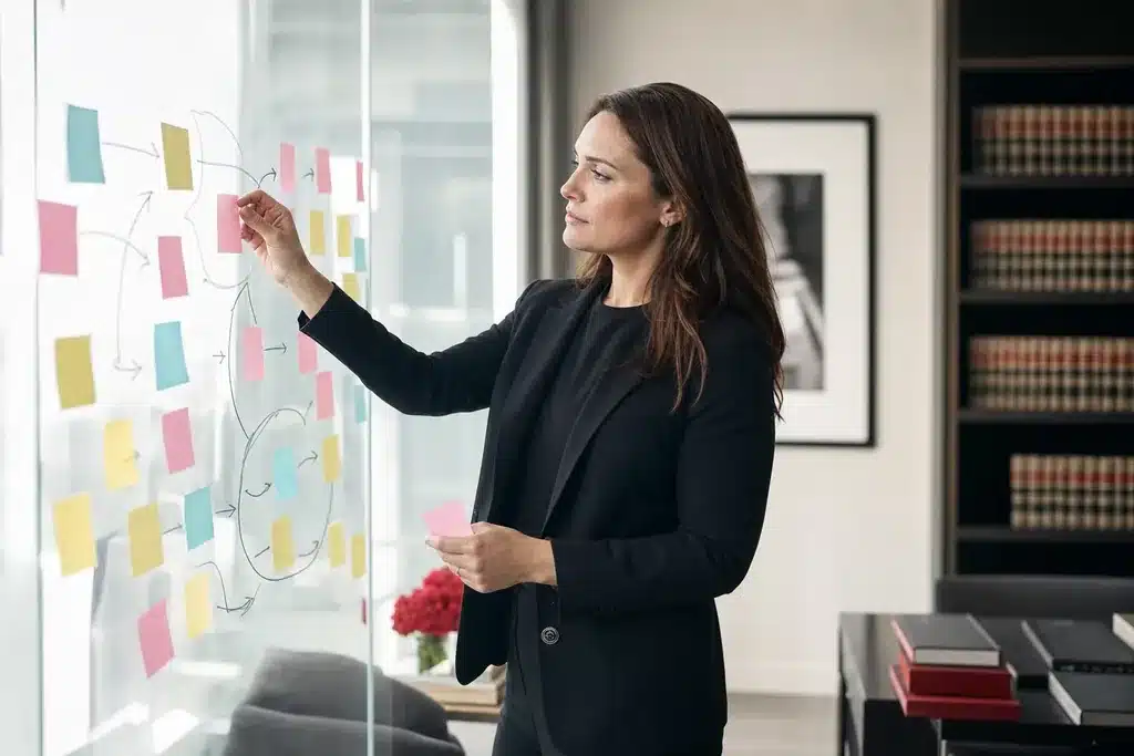 SEO agency for criminal defense law firms: a marketing strategist mapping an SEO plan on a larg