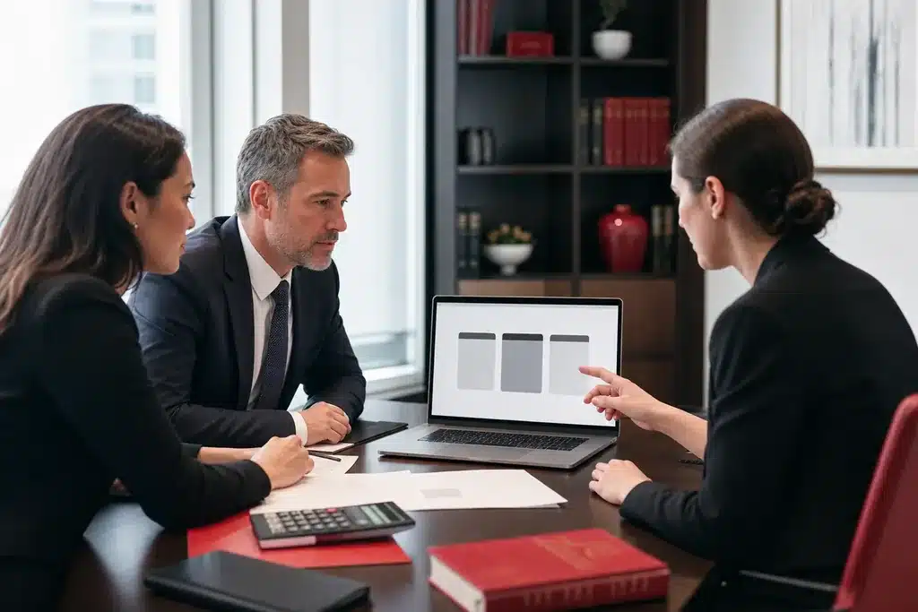 criminal defense law firms SEO cost: a budget planning meeting with a laptop showing a si